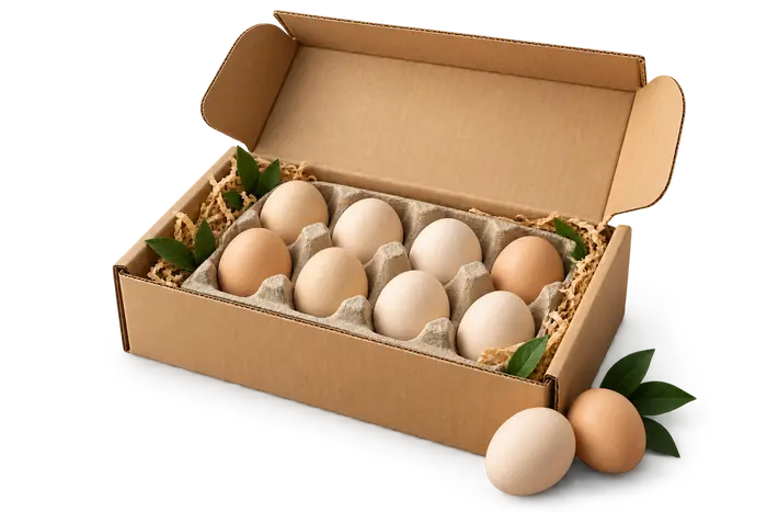 Koruyucu kargo kutusunda özenle paketlenmiş yumurtalar